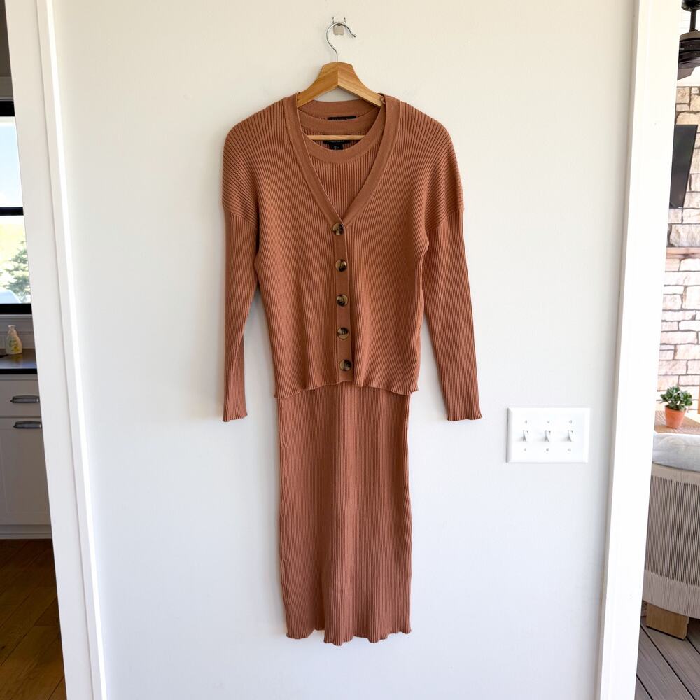 Rachel Zoe Ribbed Knit Button Front Cardigan Mini Tank Dress Set Brown S